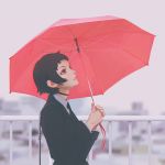  1girl black_hair choker formal holding_umbrella ilya_kuvshinov long_sleeves looking_up necktie original outdoors parted_lips pink_lips railing rain realistic red_eyes red_ribbon ribbon short_hair sky solo suit umbrella water_drop 