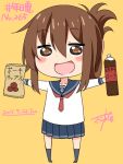  1girl :d adapted_object artist_name bauxite blush_stickers brown_eyes brown_hair chibi cola commentary dated folded_ponytail gurande_(g-size) highres himouto!_umaru-chan inazuma_(kantai_collection) kantai_collection kneehighs neckerchief open_mouth parody potato_chips school_uniform serafuku signature simple_background skirt smile solo style_parody translated yellow_background 