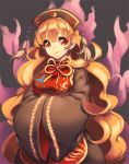  1girl black_dress blonde_hair breasts cheong_ha chinese_clothes curly_hair dress energy fox_tail hands_together hat junko_(touhou) long_hair long_sleeves looking_to_the_side multiple_tails red_eyes reflective_eyes ribbon smile solo tabard tail touhou very_long_hair wide_sleeves 