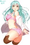  1girl :p ass black_legwear bra breasts cropped_legs dress_shirt floating_hair green_hair isshiki_(ffmania7) jewelry kantai_collection long_hair long_sleeves looking_at_viewer no_pants off_shoulder panties polka_dot polka_dot_bra polka_dot_panties ring shiny shiny_skin shirt solo suzuya_(kantai_collection) thigh-highs tongue tongue_out twitter_username underwear underwear_only white_background yellow_eyes 