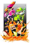  +_+ 3girls agent_3 aori_(splatoon) baseball_cap beanie bike_shorts brown_eyes commentary_request container domino_mask face_mask falling fangs grey_hair gun hand_on_hip hat hat_ornament hotaru_(splatoon) inkling jacket long_hair long_sleeves looking_at_viewer mask multiple_girls open_mouth orange_hair oversized_object paint_roller paint_splatter pointy_ears rifle sayoyonsayoyo shirt shoes short_hair single_vertical_stripe smile sniper_rifle splatoon squid standing star striped sunglasses tentacle_hair vest weapon 