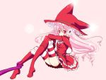  1girl animal_hat boots capelet cat_hat figuneria_(sennen_sensou_aigis) hat knee_boots nachisuke_(nachi_comic) pink_background pink_hair red_boots red_eyes sennen_sensou_aigis striped striped_legwear tentacles thigh-highs witch_hat 
