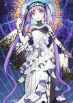  1girl absurdly_long_hair artist_request dress fate/grand_order fate_(series) long_hair looking_at_viewer official_art open_mouth pink_eyes purple_hair solo stheno strapless_dress twintails upscaled very_long_hair waifu2x white_dress 