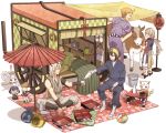  6+boys bandana black_hair blue_eyes bottle brown_hair bucket calendar chopsticks closed_eyes cow eating enemy_tantou food fox geta hair_over_one_eye hakama historical_revisionist ima-no-tsurugi indian_style ishikirimaru itou_(mogura) iwatooshi japanese_clothes kogitsunemaru konnosuke light_cavalry_(touken_ranbu) light_infantry_(touken_ranbu) lying male_focus mikazuki_munechika miniboy multiple_boys obentou on_back onigiri orange_hair oriental_umbrella pouring radio red_eyes sake_bottle sitting smile tengu-geta teruterubouzu toothbrush touken_ranbu tousou_(touken_ranbu) umbrella wagon wheels white_hair yagasuri 