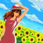  1girl blue_eyes brown_hair commentary dress field flower flower_field hat hat_flower hibiscus highres lips long_hair one_eye_closed original pink_dress short_sleeves small_breasts solo sun_hat sunflower wallace_pires 