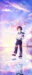  1boy blue_eyes brown_hair different_reflection hands_in_pockets highres nagi_no_asukara reflection sailor_collar sakishima_hikari school_uniform shigaraki_(strobe_blue) short_hair 