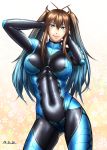  1girl antenna_hair blue_eyes blue_hair bodysuit borrowed_character breasts brown_hair character_request contrapposto covered_nipples cowboy_shot gradient_hair hair_between_eyes highres large_breasts long_hair multicolored_hair original smile solo taikyokuturugi twintails 
