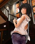  1girl amagami black_hair commentary_request denim indoors jeans looking_back murasaki_iro nanasaki_ai pants revision short_hair sleeveless sleeveless_hoodie solo 