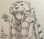  1girl animal_skin bags_under_eyes constricted_pupils countdown english eu03 fingernails indivisible long_fingernails long_hair looking_at_viewer marker_(medium) monochrome ok_sign razmi_(indivisible) solo tiger_pelt traditional_media upper_body 