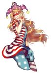  1girl american_flag_legwear american_flag_shirt blonde_hair clownpiece hair_over_one_eye hat hug_(artist) jester_cap long_hair looking_at_viewer makeup mask neck_ruff no_wings open_mouth pantyhose polka_dot_hat red_eyes red_lips round_teeth short_sleeves simple_background sketch smile solo star star_print striped striped_legwear teeth touhou very_long_hair white_background 