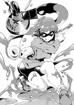  1girl :d bike_shorts domino_mask gun headgear highres holding inkling kneeling long_hair long_sleeves looking_at_viewer mask monochrome nintendo open_mouth paint_splatter shoes single_vertical_stripe smile solo splatoon sweater takano_itsuki tentacle_hair throwing weapon 