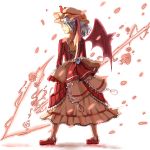  1girl alternate_costume artist_request bat_wings blue_hair bow dress flower from_behind hat hat_ribbon layered_dress mary_janes mob_cap open-back_dress petals profile remilia_scarlet ribbon ribbon_trim rose shoes short_hair smile solo spear_the_gungnir touhou vertical_stripes wings 