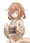  1girl blush brown_eyes brown_hair commentary_request fang fujishima_shinnosuke hair_ornament hairclip ikazuchi_(kantai_collection) japanese_clothes kantai_collection kimono looking_at_viewer obi one_eye_closed open_mouth sash short_hair simple_background smile solo white_background yukata 