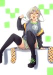  1girl black_legwear boots candy fu-ta glasses grey_hair hair_ornament hairclip holding lollipop looking_at_viewer off_shoulder open_mouth original plaid plaid_skirt pleated_skirt sitting skirt solo spread_legs thigh-highs yellow_eyes 