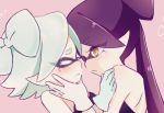  2girls aori_(splatoon) black_hair closed_eyes hand_on_another&#039;s_face heart hotaru_(splatoon) incipient_kiss long_hair mask mole mole_under_eye multiple_girls piikeru_(maikerudoll) pink_background pointy_ears short_hair splatoon sweat tagme tentacle_hair white_hair yellow_eyes yuri 