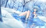  1girl bathing blue_dress blue_eyes blue_hair cirno dress forest highres ice ice_wings looking_at_viewer mochi_(chain_csn) nature pond puffy_short_sleeves puffy_sleeves reflection revision shirt short_sleeves snow snowing solo touhou wings winter 