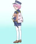  1boy akita_toushirou armor bag blue_eyes hat japanese_armor legwear_under_shorts looking_back male_focus my_melody open_mouth pantyhose pink_hair sanrio shorts smile sode sorayada sword tantou touken_ranbu weapon white_legwear 