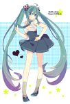  1girl ahoge dated green_eyes green_hair hand_on_hip happy_birthday hatsune_miku long_hair mikupa nail_polish necktie smile socks solo twintails very_long_hair vocaloid yoshiki 