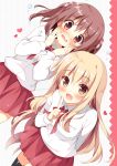  2girls :d blonde_hair blush bowtie brown_eyes brown_hair doma_umaru ebina_nana finger_to_mouth full-face_blush hands_on_own_cheeks hands_on_own_face heart himouto!_umaru-chan long_sleeves looking_at_viewer multiple_girls open_mouth pan_(mimi) red_eyes red_skirt school_uniform shirt skirt smile thigh-highs two_side_up wavy_mouth white_shirt zettai_ryouiki 
