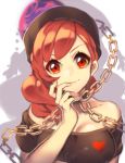  1girl breasts cheong_ha cleavage clothes_writing collar collarbone ears finger_to_cheek gold_chain hat head_tilt heart hecatia_lapislazuli long_hair off-shoulder_shirt red_eyes redhead shirt silhouette smile solo touhou upper_body white_background 