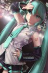  1girl artist_name blue_eyes blue_hair detached_sleeves hand_on_hip hatsune_miku highres long_hair mouth_hold nail_polish necktie novcel skirt solo twintails very_long_hair vocaloid 