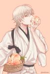  1boy basket eating food fruit japanese_clothes male_focus peach touken_ranbu tsurumaru_kuninaga twoframe white_hair yellow_eyes 