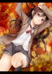  1girl akino_shuu autumn_leaves black_hair long_hair lying on_back original red_eyes school_uniform serafuku solo 