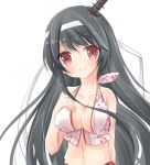  1girl adapted_costume bare_shoulders bikini black_hair breasts cleavage fusou_(kantai_collection) hair_ornament kantai_collection kurun_(kurun777) long_hair red_eyes remodel_(kantai_collection) smile solo swimsuit 
