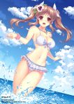  1girl :d bikini blush breasts brown_hair cleavage flower hair_flower hair_ornament hair_ribbon jewelry loneteel long_hair navel necklace ocean open_mouth ribbon sky smile solo splashing swimsuit twintails wading water wet white_bikini white_swimsuit 