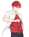  1boy artist_name belt ear_studs earrings gekkan_shoujo_nozaki-kun highres jewelry male_focus mery_(apfl0515) mikoshiba_mikoto pen red_eyes redhead smile 