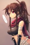  1girl 966 arm_guards breasts brown_hair crop_top highres japanese_clothes long_hair midriff ninja original ponytail red_eyes scarf solo 