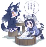  animal_ears black_hair blue_eyes common_raccoon_(kemono_friends) fur_collar gloves grey_wolf_(kemono_friends) heterochromia hori_(hori_no_su) kemono_friends long_hair manga_(object) multicolored_hair multiple_girls open_mouth raccoon_ears raccoon_tail short_hair short_sleeves skirt tail translation_request two-tone_hair wolf_ears wolf_tail yellow_eyes 