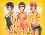  3girls bikini black_hair blue_hair breasts clothes_around_waist contrapposto cowboy_shot ghost_in_the_shell ghost_in_the_shell_arise ghost_in_the_shell_stand_alone_complex km2 kusanagi_motoko looking_at_viewer multiple_girls multiple_persona one-piece_swimsuit purple_hair red_eyes short_hair smile swimsuit violet_eyes 