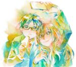  1boy 1girl arima_kousei blazer cellphone glasses miyazono_kawori phone sandwich shigatsu_wa_kimi_no_uso smile taking_picture traditional_media watercolor_(medium) yamashiro_(heisi-chan) 