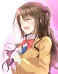  1girl brown_hair closed_eyes idolmaster idolmaster_cinderella_girls lieass long_hair microphone open_mouth school_uniform shimamura_uzuki side_ponytail smile solo tears 