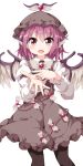  1girl bird_wings dress frilled_dress frilled_skirt frills hand_on_own_chest hat highres long_sleeves looking_at_viewer mystia_lorelei pink_hair reaching_out red_eyes ruu_(tksymkw) shirt short_hair simple_background skirt solo thigh-highs touhou white_background wings 