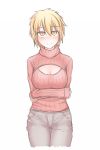  1girl alternate_costume blonde_hair blush breast_hold breasts casual cowboy_shot denim jeans kuroba_rapid large_breasts looking_at_viewer no_hat open-chest_sweater pants ribbed_sweater short_hair sleeves_past_wrists solo sweater toramaru_shou touhou turtleneck yellow_eyes 
