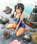  1girl :3 ahoge bangs bare_legs barefoot black_hair blue_skirt blush boots_removed breasts brown_eyes cannon cleavage collarbone full_body hair_between_eyes hat hat_removed headwear_removed kantai_collection kona_(garihageglasses) large_breasts long_hair looking_at_viewer miniskirt on_floor one-piece_swimsuit pleated_skirt polka_dot polka_dot_swimsuit pool revision scrunchie sitting skirt sleeveless slim_waist solo straw_hat swimsuit tank_top taut_clothes tile_floor tiles torpedo turret ushio_(kantai_collection) wariza wrist_scrunchie 