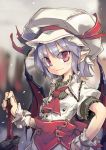  1girl ascot bat_wings dress hand_on_hip hat hat_ribbon lavender_hair noya_makoto pink_eyes pointy_ears puffy_short_sleeves puffy_sleeves remilia_scarlet revision ribbon sash short_sleeves solo sword touhou weapon white_dress wings wrist_cuffs 