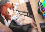  1girl :t bare_legs barefoot blush bracelet breasts brown_eyes brown_hair chair cleavage computer_keyboard computer_mouse from_above frustrated groin jewelry kazenokaze legs looking_up midriff monitor mousepad_(object) navel office_chair open_clothes open_fly open_shirt original paper perspective sarashi shiny shiny_skin shirt short_hair sitting solo unzipped 