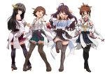  4girls akizuki_ritsuko bangs black_hair blue_eyes brown_hair cosplay detached_sleeves glasses hairband haruna_(kantai_collection) haruna_(kantai_collection)_(cosplay) hiei_(kantai_collection) hiei_(kantai_collection)_(cosplay) honda_mio ichinose_shiki idolmaster idolmaster_cinderella_girls japanese_clothes kantai_collection kirishima_(kantai_collection) kirishima_(kantai_collection)_(cosplay) kongou_(kantai_collection) kongou_(kantai_collection)_(cosplay) long_hair multiple_girls no_legwear nontraditional_miko one_eye_closed open_mouth sagisawa_fumika shift_(waage) short_hair simple_background skirt smile thigh-highs zettai_ryouiki 