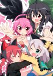  4girls animal_ears black_hair black_wings blush bow bra braid cape cat_ears closed_eyes extra_ears eyeball green_eyes hair_bow hair_ornament hair_ribbon hairband hat hat_ribbon hug hug_from_behind jpeg_artifacts kaenbyou_rin komeiji_koishi komeiji_satori long_hair long_sleeves massala multiple_girls off_shoulder one_eye_closed open_clothes open_mouth open_shirt panties pink_background pink_hair puffy_sleeves red_eyes redhead reiuji_utsuho ribbon shirt short_hair short_sleeves siblings silver_hair sisters smile string third_eye touhou twin_braids underwear wide_sleeves wings 