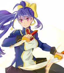  1girl antenna_hair black_legwear blazblue blazblue_remix_heart blue_hair bow breasts dagger dual_wielding frown genderswap hair_bow large_breasts long_hair looking_to_the_side mai_natsume ponytail red_eyes ribbon school_uniform skirt solo sword thigh-highs weapon zettai_ryouiki 