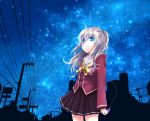  1girl blue_eyes charlotte_(anime) earphones harusa long_hair night night_sky power_lines school_uniform serafuku silhouette silver_hair sky tomori_nao twintails two_side_up 