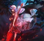  1girl :d bat blue_hair chain chong_(wjzcy6688) dress full_moon glowing glowing_eyes hat holding_weapon lance moon night open_mouth polearm puffy_short_sleeves puffy_sleeves red_eyes remilia_scarlet short_sleeves smile solo string touhou vampire weapon white_dress 
