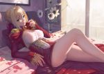  1girl apple bed bird blonde_hair breasts cleavage dress fate/extra fate/grand_order fate/stay_night fate_(series) flower food fruit green_eyes juliet_sleeves large_breasts long_sleeves looking_at_viewer lying on_back on_bed open_mouth panties pantyshot pantyshot_(lying) petals pigeon pillow puffy_sleeves red_dress revision saber_extra shijiu_(adamhutt) shirt solo tongue tongue_out underbust underwear vase white_panties window 