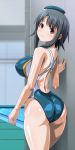  1girl ass back black_hair breasts competition_swimsuit hat kantai_collection large_breasts looking_at_viewer looking_back monteri one-piece_swimsuit pool red_eyes short_hair smile solo swimsuit takao_(kantai_collection) water 