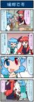  2girls 4koma alcohol arm_ribbon artist_self-insert ass ass_grab barefoot beer beer_mug blue_eyes blue_hair bottle chopsticks closed_eyes comic commentary_request food glass head_wings highres juliet_sleeves koakuma long_hair long_sleeves meat mizuki_hitoshi multiple_girls necktie pantyhose puffy_sleeves real_life_insert red_eyes redhead ribbon short_hair sitting soy_sauce sweat tatara_kogasa touhou translated wings yakitori 