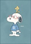  animal_on_head ayu_(mog) bespectacled bird bird_on_head blue-framed_glasses dated dog glasses glasses_day no_humans peanuts red-framed_glasses snoopy sweat woodstock 