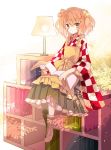  1girl apron bell book bookshelf boots checkered cierra_(ra-bit) cross-laced_footwear full_body hair_bell hair_ornament japanese_clothes lace-up_boots long_sleeves motoori_kosuzu open_book orange_eyes orange_hair ribbon sitting skirt solo touhou twintails wide_sleeves 
